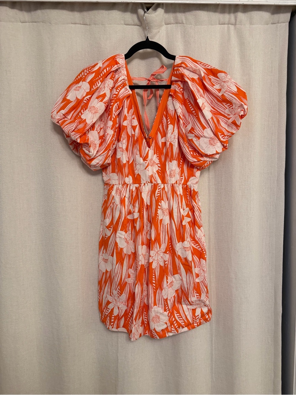 HUNTER BELL Orange and White Floral Puff-Sleeve Mini Dress